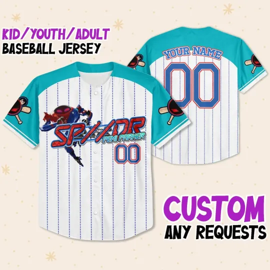 Discover Custom Spider Man Peni Cyan Jersey Matching Baseball Team Outfit Baseball Jersey