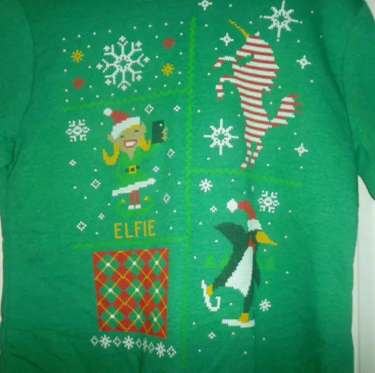 Ugly Christmas Sweatshirt Sweater Womens Large Green 12-14 Elfie Unicorn Penguin
