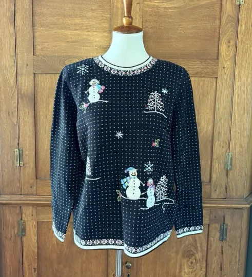 Discover Alfred Dunner Sweater Womens Medium Black Holiday Christmas Snowman Trees Winter