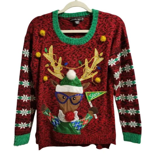Discover Ugly Christmas Holiday Sweater Womens M Red Green Embellished Reindeer Go Santa