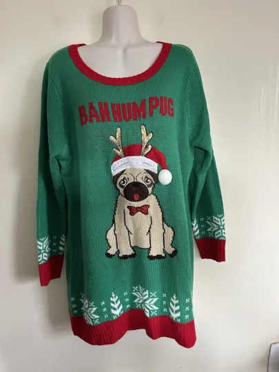 Discover Blizzard Bay Ugly Christmas Women Pug Dog Bah Hum Pug Tunic Sweater XL