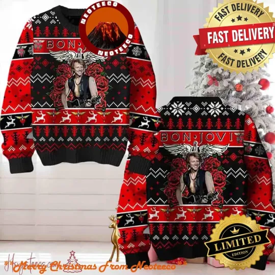 Discover Bon Jovi Bed of Roses Xmas Holiday Gift Ugly Christmas Sweater 2025