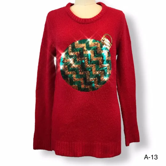 Holiday Time Women's Red Ugly Christmas Sweater Sparkly Sequin Ornament Sz S 4/6