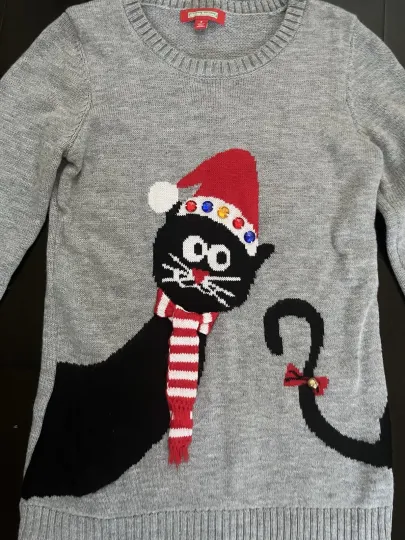 Discover Ugly Christmas Party Women’s Sweater Christmas Cat With Bell Long Sleeve Small