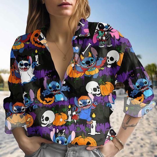 Discover Stitch Halloween Linen-Look Shirt, Cartoon Pumpkin Ghost Skull Blouse Shirt, Disney Halloween Button Down Top, Halloween Gift For Mom