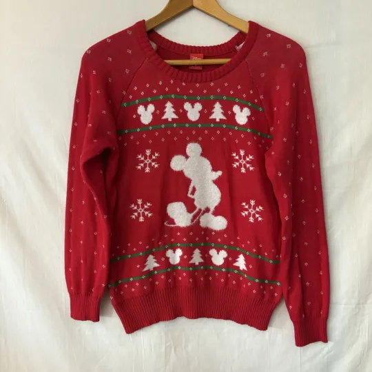 Disney Mickey Mouse Red Christmas Ugly Knit Sweater Women’s Medium Holiday READ
