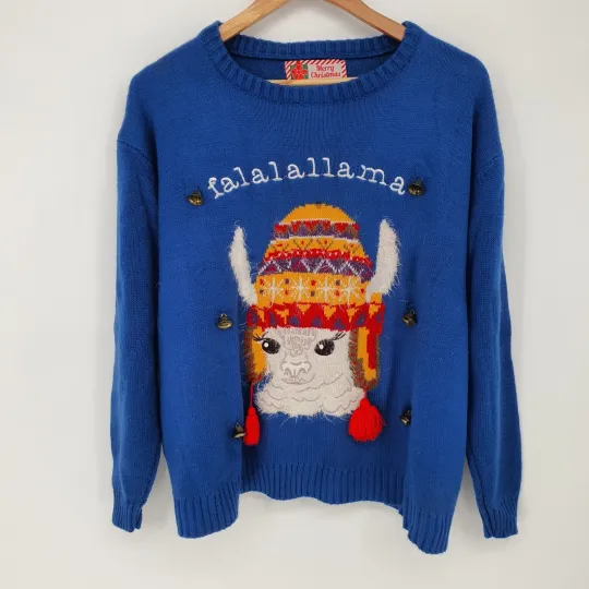Discover Lllama Ugly Christmas Sweater Bells Blue Festive Holiday Long Sleeve Knit L/XL