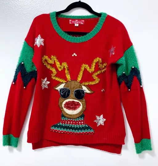 33 Degrees Funny Rudolf Reindeer Sequin Snowflakes Red Ugly Christmas Sweater M