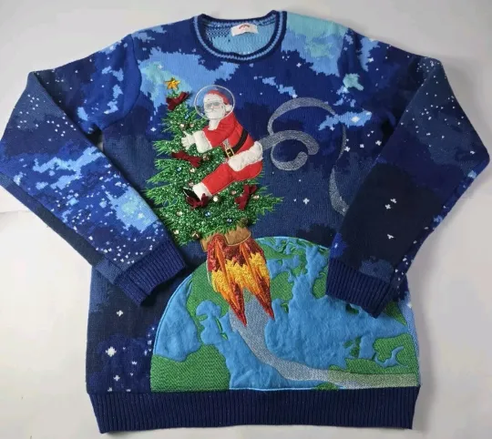 Holiday T Ugly Christmas Sweater Adult M 38-40 Santa Rocket Bells Bling Sparkle