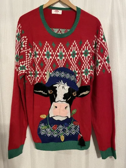 Discover Men's Unisex Christmas Ugly Sweater Size 42-44 Cow Applique Holiday Time