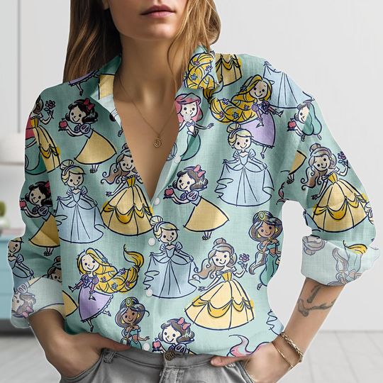 Princess Linen-Look Shirt, Cartoon Princess Blouse Women Shirt, Disney Inspired Cottagecore Shirt, Disney Blouse Women Shirt, Gift For