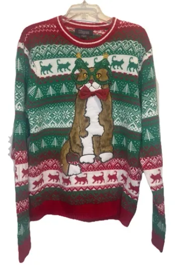 Discover 33 Degrees Cat Ugly Christmas Sweater Faux Fur Cat Wearing Glasses Sz L Party
