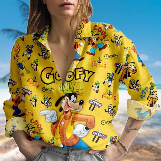Discover Goofy Movie Shirt, Yellow Disney Blouse Top, 90s Cartoon Collage Button Down, Vintage Style Linen Look Shirt