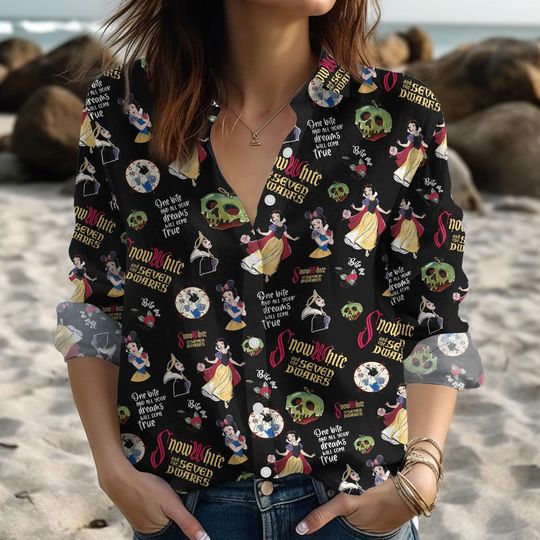 Snow White Blouse Shirt, Coquette Bows Disney Princess Women Shirt, Magic Kingdom Linen-Look Shirt, Disney Girls Trip Button Up Shirt
