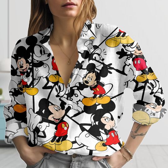 Discover Mickey Mouse Linen-look Shirt, Vintage Cartoon Disney Blouse Shirt, Classic Mickey Pattern Top, Boho Button Up Shirt, Gift For Women
