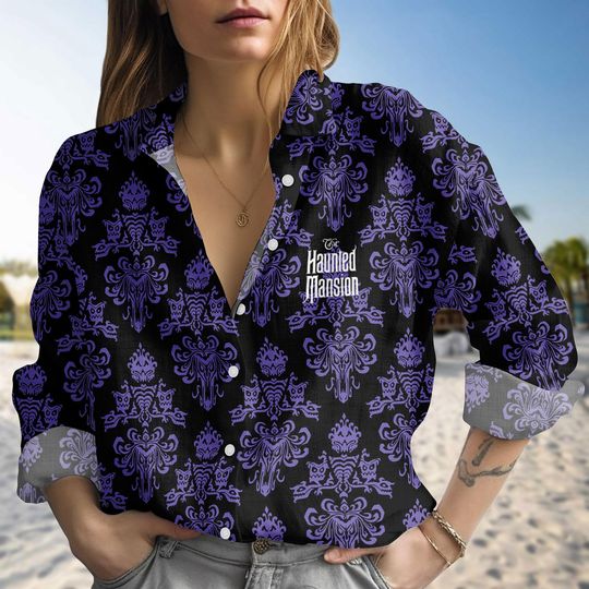 Discover The Haunted Mansion Linen-Look Shirt, Hitchhiking Ghosts Blouse Shirt, Disney Haunted Mansion Blouse Women Shirt, Halloween Party Gift