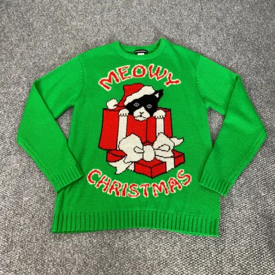 Discover Ugly Christmas Cat Sweater Womens Large Green Knit Kitten Merry Holiday Xmas