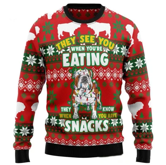 Discover Bulldog Snacks Ugly Christmas Sweater