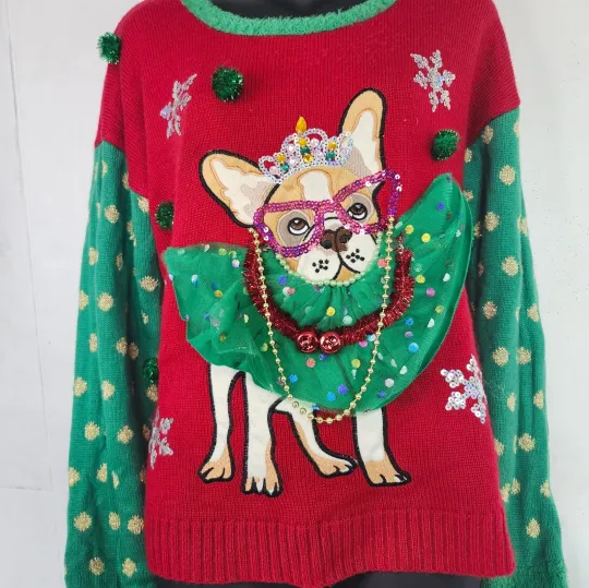 Merry & Bright Ugly Christmas Sweater Womens Size Large Pug Dog Bling Sequins