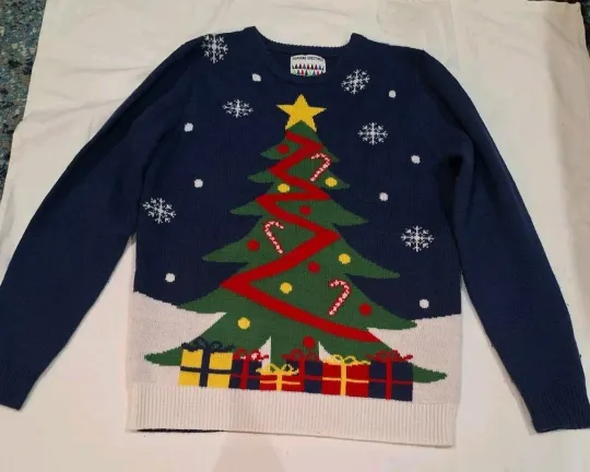 Primark Seasons Greetings Ugly Christmas Sweater Medium Navy Blue W Xmas Tree