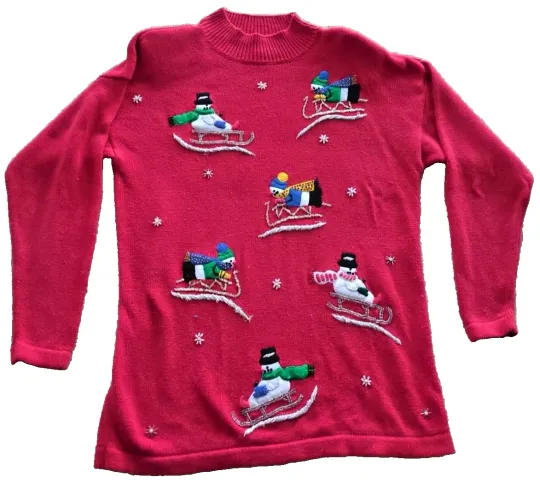 Discover Vintage Ugly Christmas Sweater SNOWMEN SLEDDING with Shoulder Pads Size L