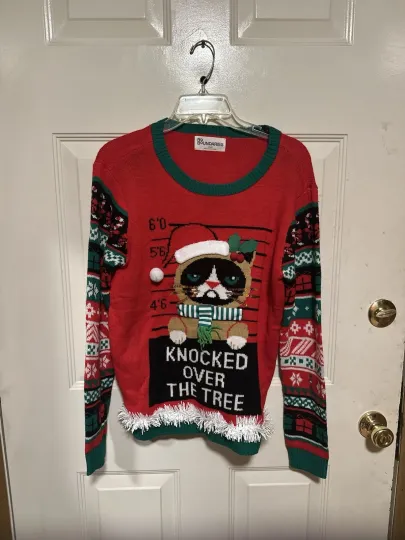 Women’s No Boundaries Grumpy Cat Ugly Christmas Sweater L (12-14) Cute Kitty