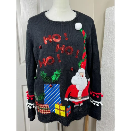 Holiday Time Womens XL Ugly Christmas Sweater Santa Ho Ho Ho Pom Pom