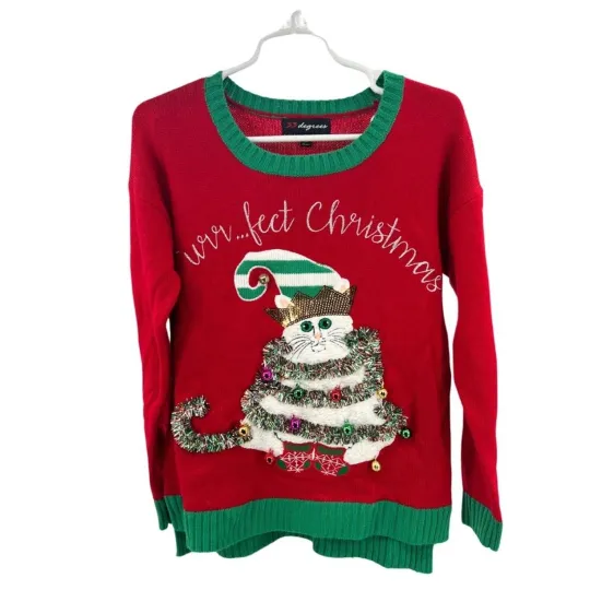 Discover 33 Degrees cat Christmas sweater tinsel bells s ugly sweater sequins embroidered