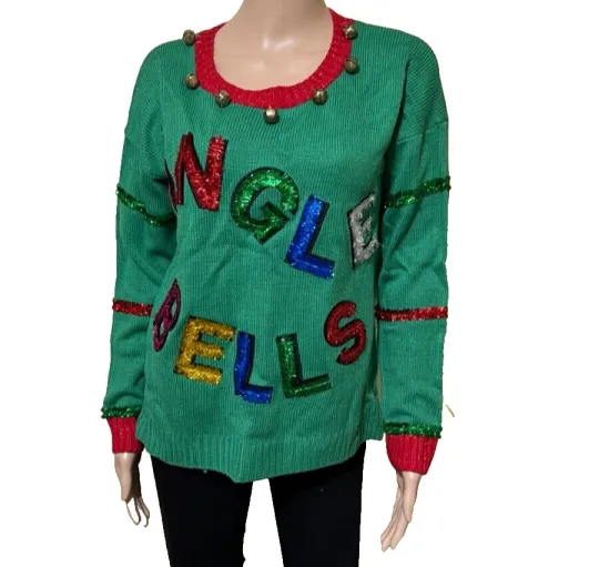 Women's Ugly Christmas Sweater sz M Green Jingle Bells Bling & Bells NEW