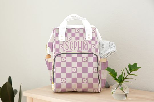 Discover Personalized Lavender checkered Diaper Backpack, Nappy, Baby Bag, Backpack, Personalized, Name, Monogram, Baby Shower Gift