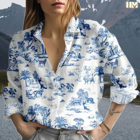 Cat Toile De Jouy Hawaiian Shirt, Rustic Cat Blouses Hawaiian Shirt, Vacation Shirt For Her