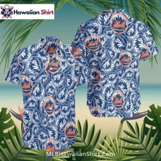 Discover All-Over Logo NY Met.s Hawaiian Shirt – Bold Blue Pattern, Gift for Fan