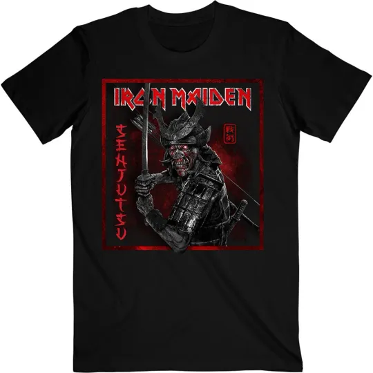 Discover Men's Iron Maiden Senjutsu Cover Distressed Red Slim Fit T-shirt XX-Large Black