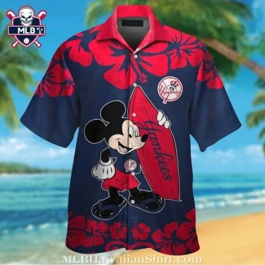 Discover Mickey Mouse And Hibiscus Design New York Yannkess Hawaiian Shirt, Gift for Fan