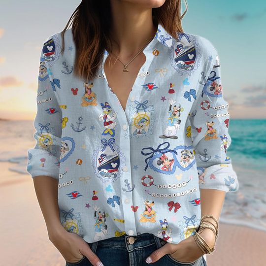 Discover Disney Cruise Coquette Linen-Look Shirt, Mickey Cruise Women Blouses, Mickey And Friends Casual Shirt, Disney Girly Trip, Summer Gift