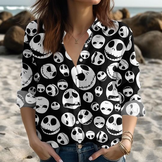 Nightmare Before Christmas Blouse Shirt, Jack Skellington Women Shirt, Disneyland Linen-Look Shirt, Spooky Casual Shirt, Halloween Gift