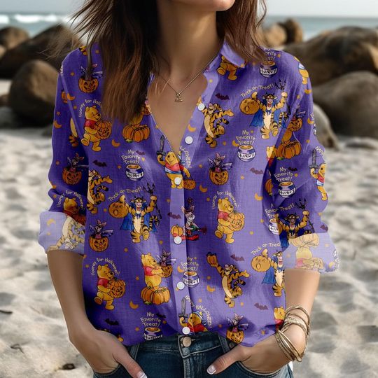 Discover Pooh Halloween Blouse Shirt, Cute Disney Halloween Shirt, Spooky Season Shirt, Fall Women Shirt, Trick Or Treat Shirt, Halloween Gift