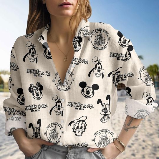 Discover Mickey And Friends Blouse Shirt, Minnie Bow Coquette Women Shirt, Disneyworld Casual Shirt, Pluto Daisy Donald Bow Shirt