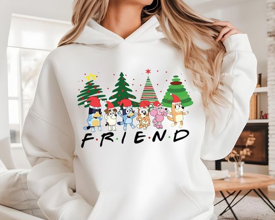 Blue Friends Hoodie with Cartoon Character, Christmas Tree, Friends of BlueyDad T-Shirt