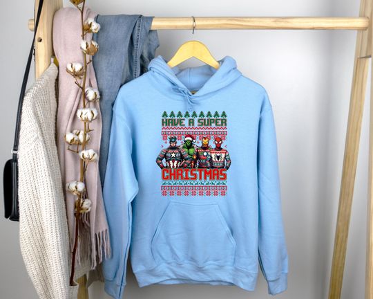 Discover Super Christmas Characters Sweatshirt, Christmas Hero Shirt, Merry Christmas Shirt, Superhero Christmas, Ugly Sweater Christmas Hoodie
