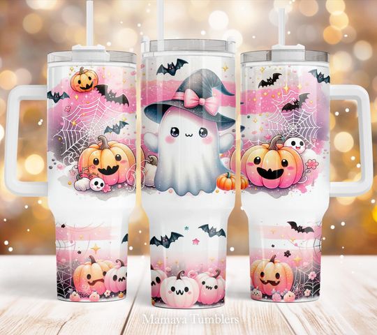 Discover Halloween 40oz Quencher tumbler Sublimation design Cute ghost Scary pumpkin Spooky season PNG wrap Waterslide Digital download