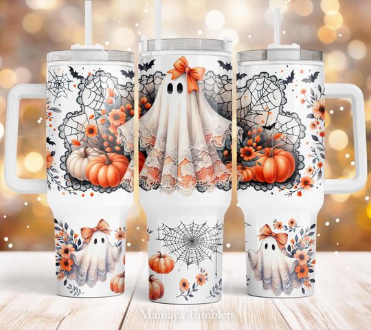 Discover Cute ghost 40oz Quencher tumbler Sublimation design Halloween Spooky season Fall vibes Autumn Flower PNG wrap Waterslide Digital download