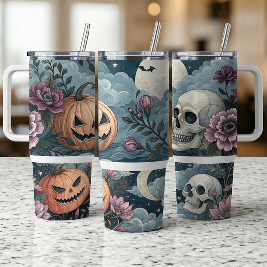 Discover Floral Pumpkin Skull Tumbler Wrap Halloween 40oz Tumbler Wrap Spooky Season Design Fall Autumn Tumbler Seamless Tumbler Floral Halloween PNG
