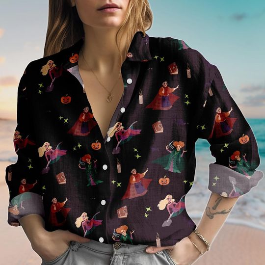 Disney Hocus Pocus Linen-Look Shirt, Sanderson Sisters Blouse Shirt, Witchy Halloween Casual Shirts, Spooky Fall Button Shirt For Women