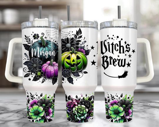 Discover Witches Brew 40 oz Tumbler with Handle: Witchy Halloween Cup with Straw