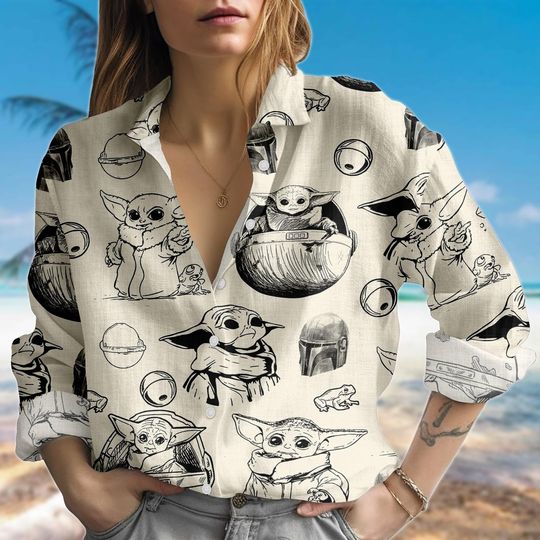 Discover Baby Yoda Linen Shirt, Star Wars Blouse Top, Grogu Sketch Print Button Down Shirt, Oversized Disney Shirt for Women