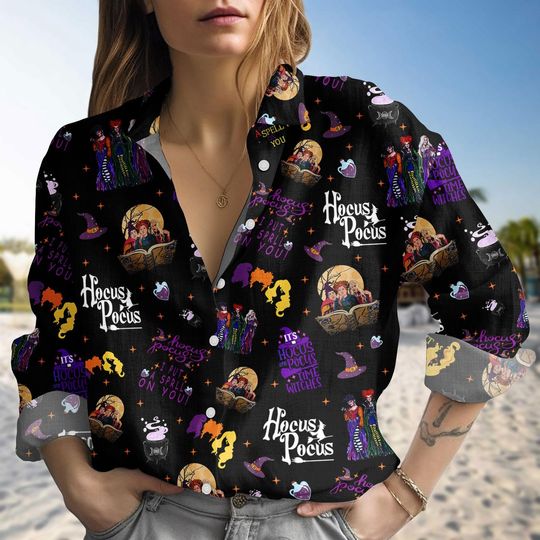 Discover Hocus Pocus Halloween Blouse Shirt, Disney Witchy Linen-Look Shirt, Disney Halloween Apparel, Hocus Pocus Spooky Shirt, Halloween Outfi