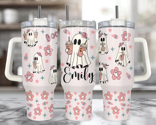 Discover Spooky Ghost 40 oz Tumbler with Handle: Personalized Halloween Cup with Straw