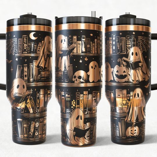 Discover Retro Halloween Bookshelf 40oz Tumbler Wrap Laser, Ghost Halloween library Laser engraving Quencher Tumbler laser rotary SVG and PNG Files.