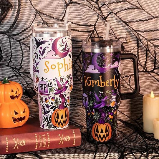 Discover Personalised Boho Pumpkin Ghost Design 40oz Tumbler with Name Lid and Straw Birthday Halloween Gift For Family, Happy Halloween.